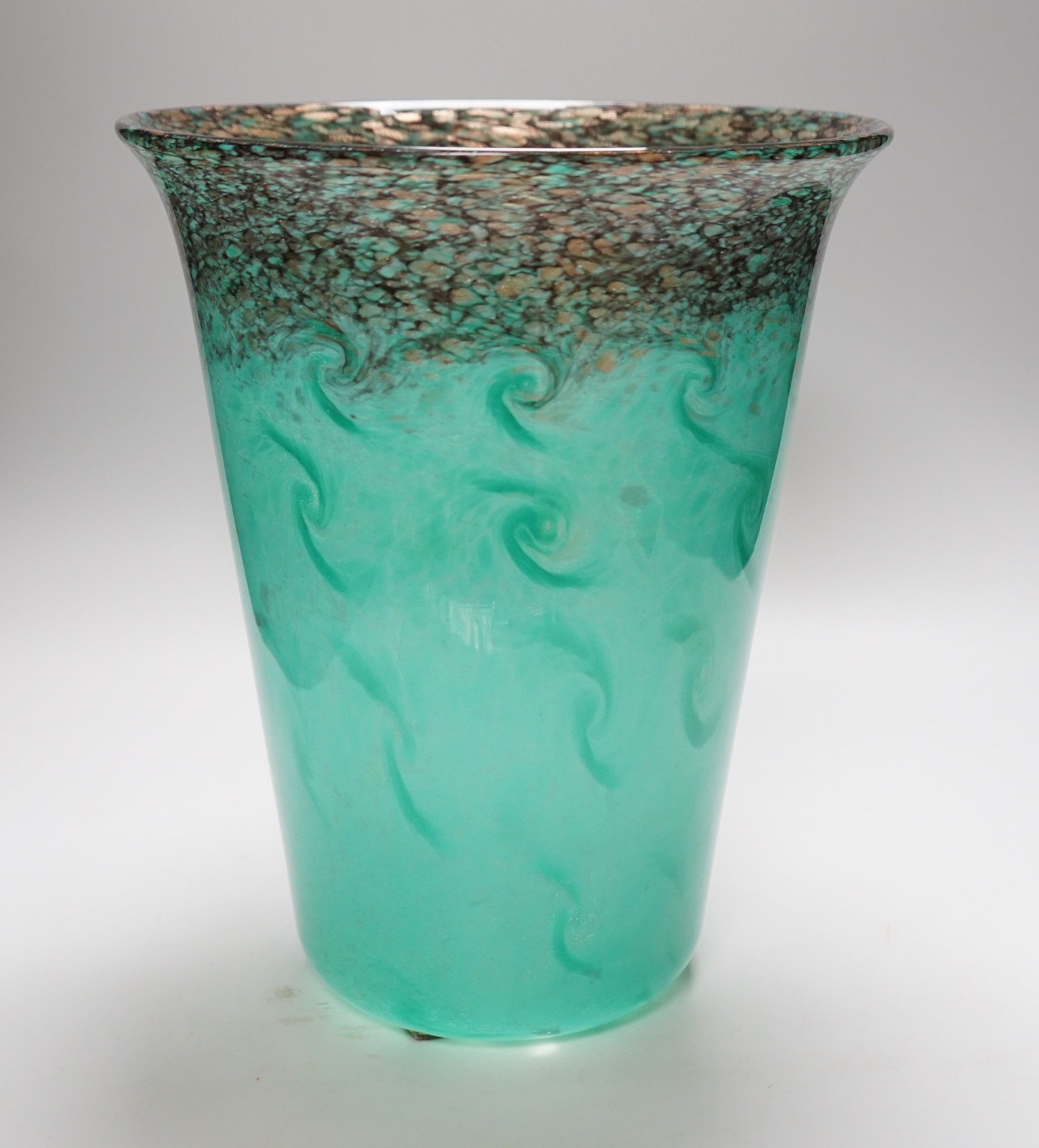 A large 1930s Monart art glass vase of cylinder form, with a slightly flared neck, shape GD, decorated with tonal blue swirls with a mottled black rim swirling into the blue, flat polished pontil, 33cm high